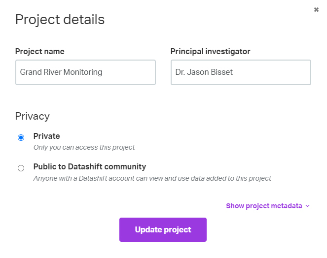 Datashift project privacy settings
